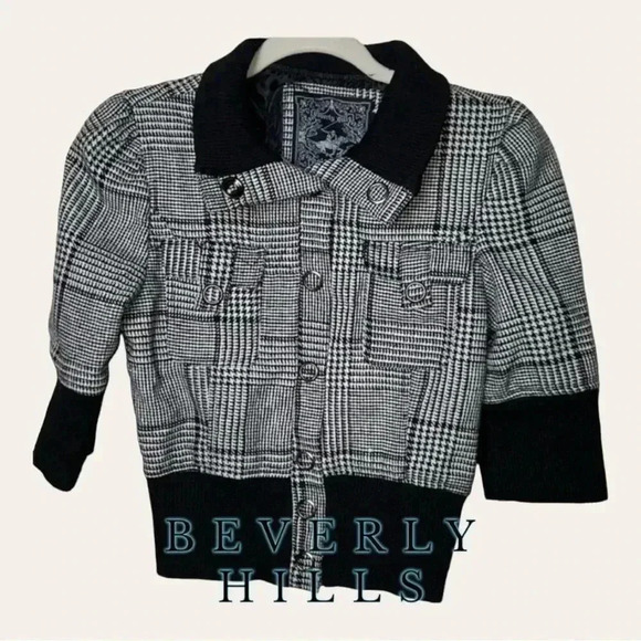 Women’s BEVERLY HILLS FULL ZIP JACKET SHORT SLEEVE SIZE SMALL PLAID‎ BLACK/WHITE - Picture 1 of 8